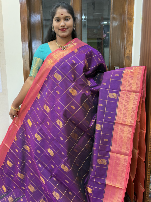 Silk Cotton Body Zari Checked Buttas Purple And Orange(SCBZCB37)