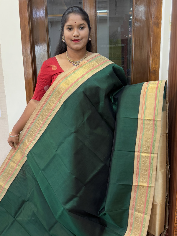 Silk Cotton Korvai Special Bottle Green And Beige(SCKSS106)