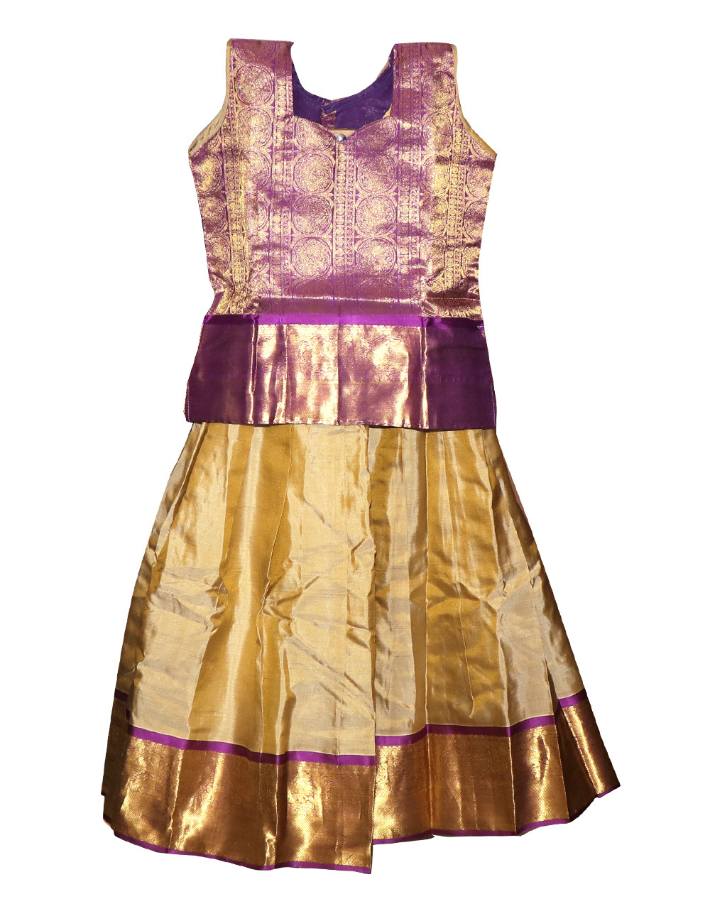 8"Yr"_Kids Pavadai Set Kanchipuram Silk Purple And Bage(KS8KP6)