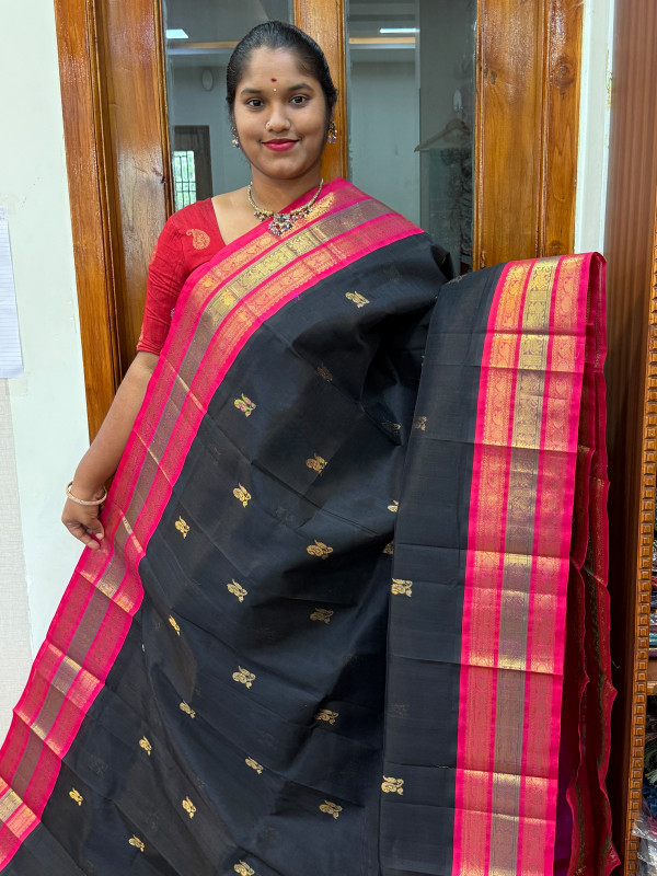 Silk Cotton Korvai Buttas Triple Tone Border Black and Pink(SCKTTB01)