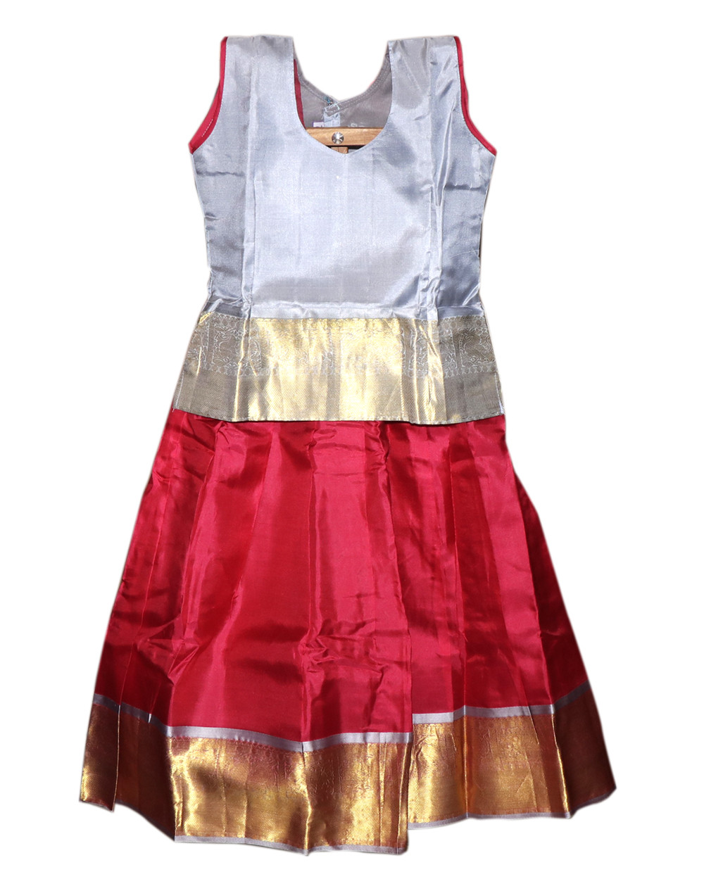 7"Yr"_Kids Pavadai Set Kanchipuram Silk Silver Grey And Reddish Pink(KS7KP6)