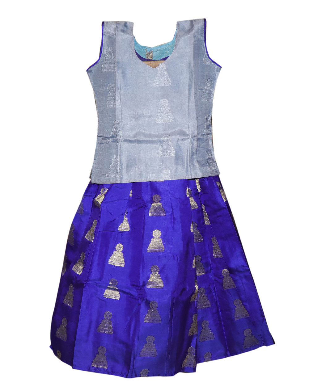 6"Yr"_Kids Pavadai Set Kanchipuram Silk Grey And Royal Blue(KS6KP2)