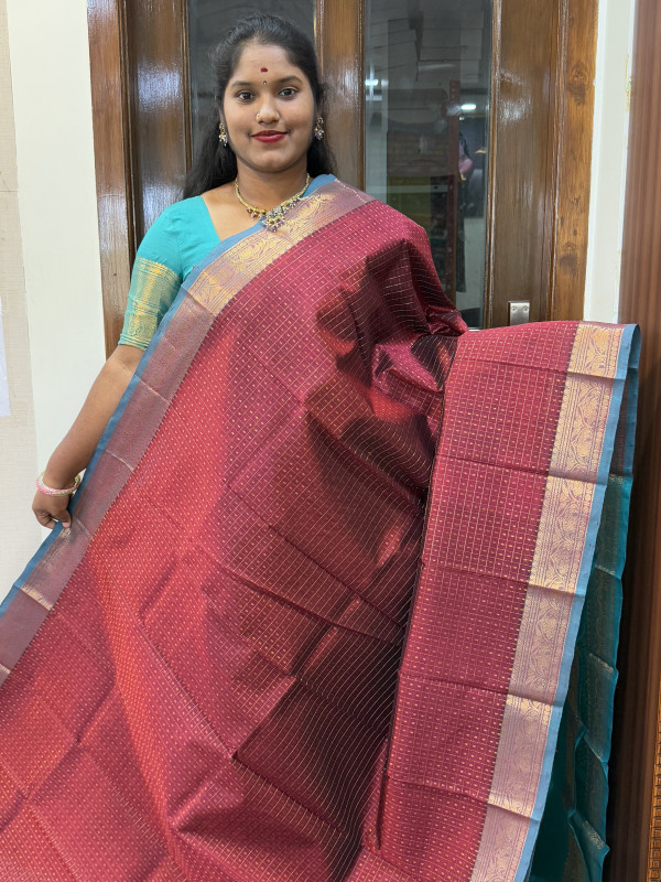 Silk Cotton Body Zari Checked Buttas Maroon And Teal (SCBZCB34)