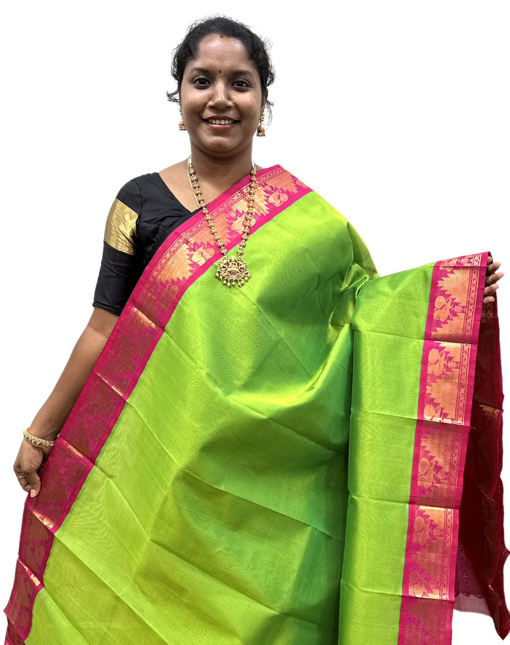 Silk Cotton Korvai Special Saree Parrot Green And Pink(SCKSS1)
