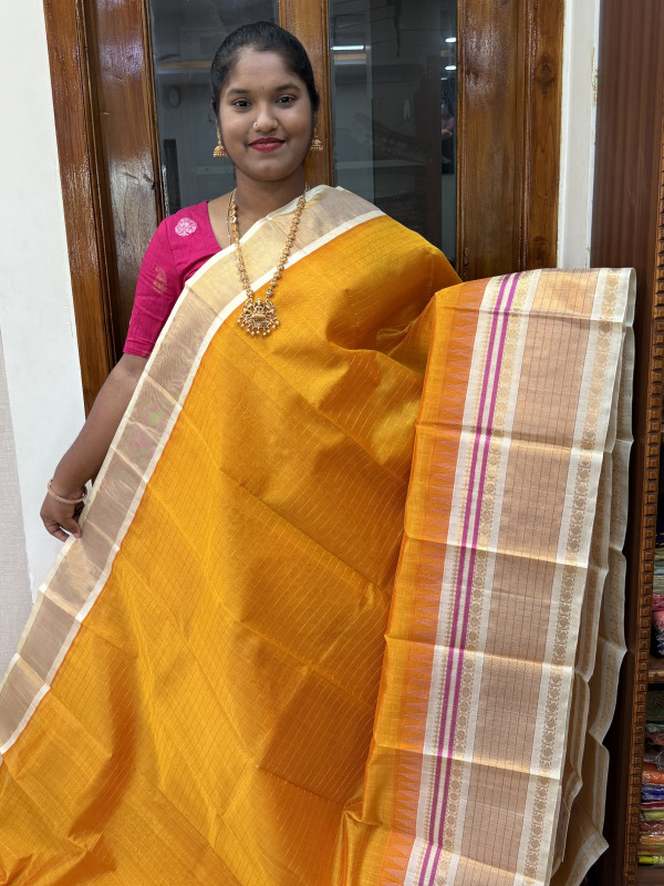 Silk Cotton Kuppadam Checked Temple Border Yellow And Off White(SCKCTB53)