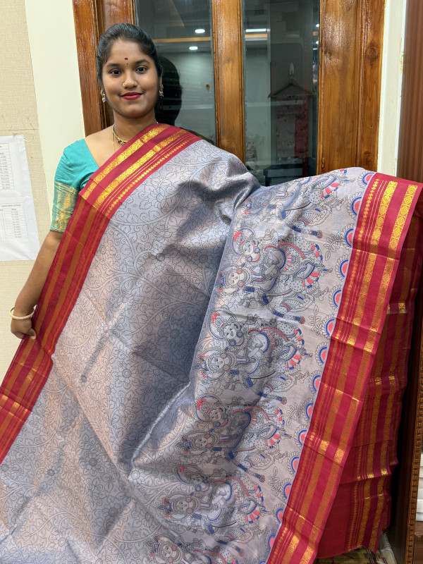 Silk Cotton Korvai Kalamkari Print Grey And Maroon (SCKKP140)