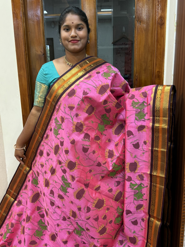 Silk Cotton Korvai Kalamkari Print Onion Pink And Dark Brown(SCKKP152)