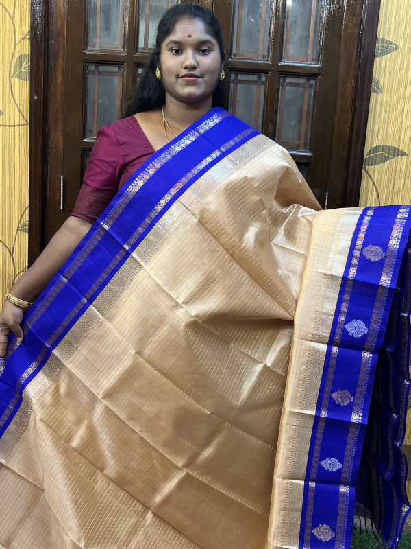 Silk Cotton Kuppadam Zari Checked Side Buttas Sandal And Violet(SCKZCSB1)