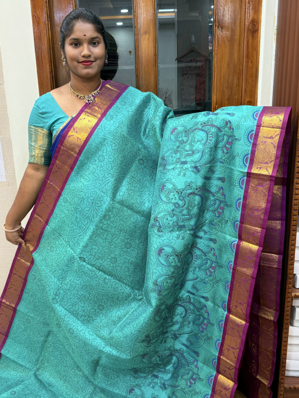 Silk Cotton Korvai Kalamkari Print Teal Green And Dual Shade Magenta (SCKKP139)