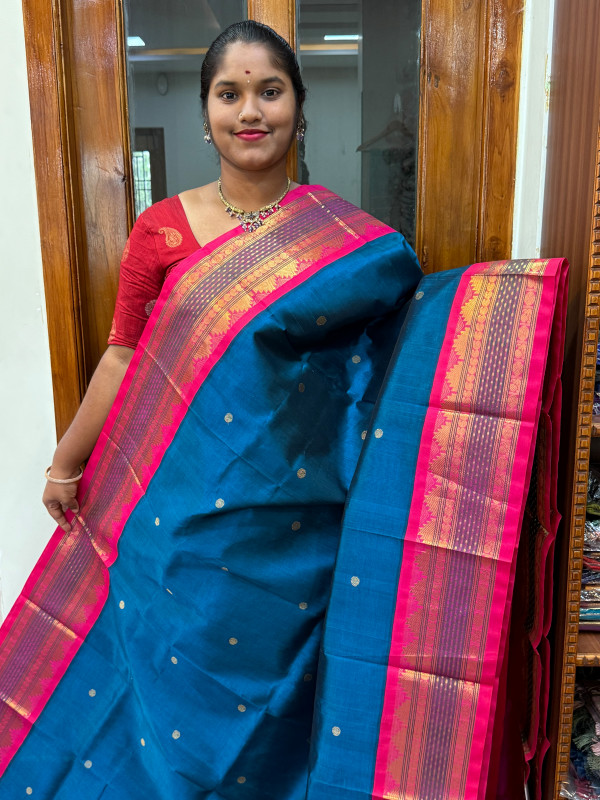 Silk Cotton Korvai Buttas Special Border Peacock Blue and Pink (SCKBSB04)