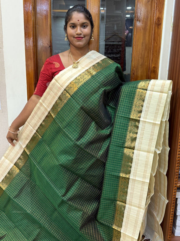 Silk Cotton Kuppadam Border Zari Checked Green And Off White (SCKBZC111)