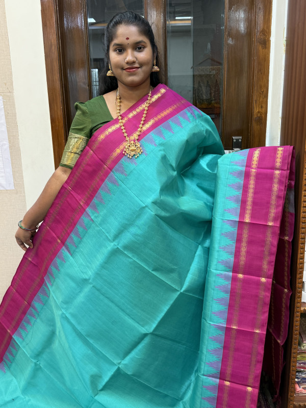 Silk Cotton Korvai Rettapet Temple Border Turquoise Blue And Magentha(SCKRTB31)