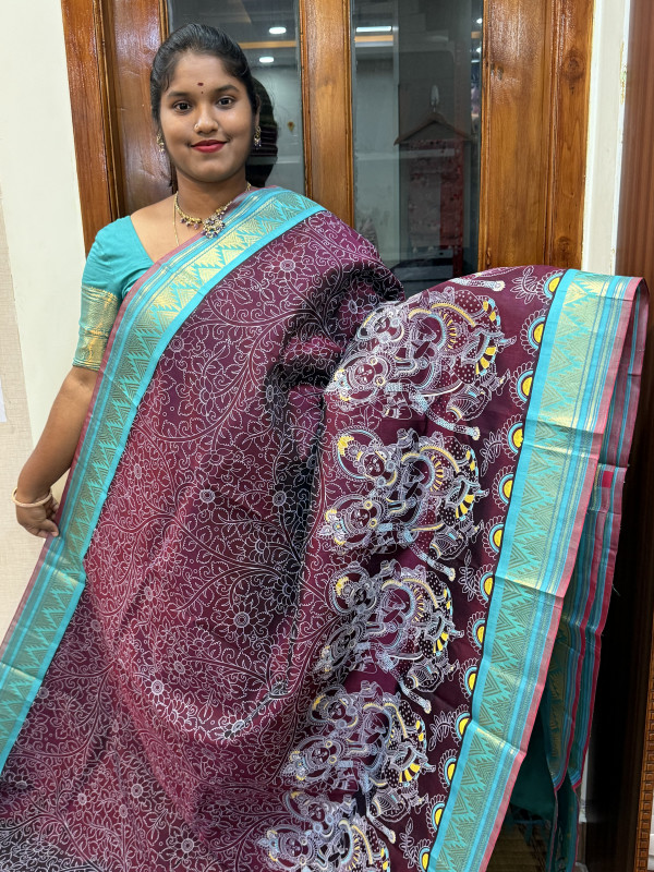 Silk Cotton Korvai Kalamkari Print Wine And Teal (SCKKP138)