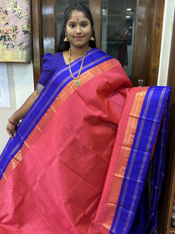 Silk Cotton Kuppadam Border Zari Checked Pink And Violet(SCKBZC71)