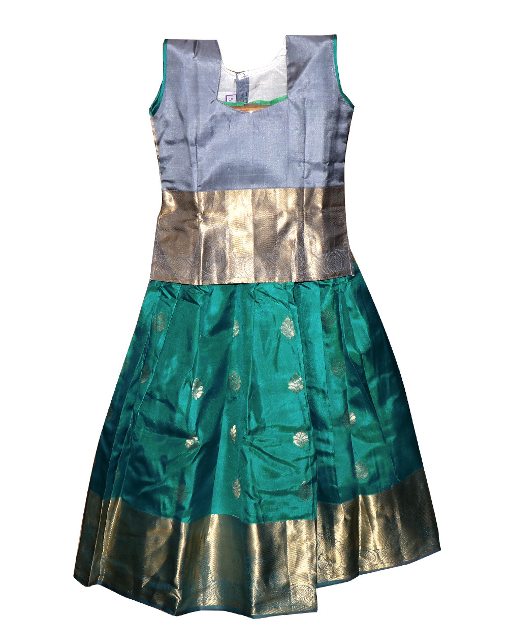 5"Yr"_Kids Pavadai Set Kanchipuram Silk Grey And Rama Green(KS5KP4)