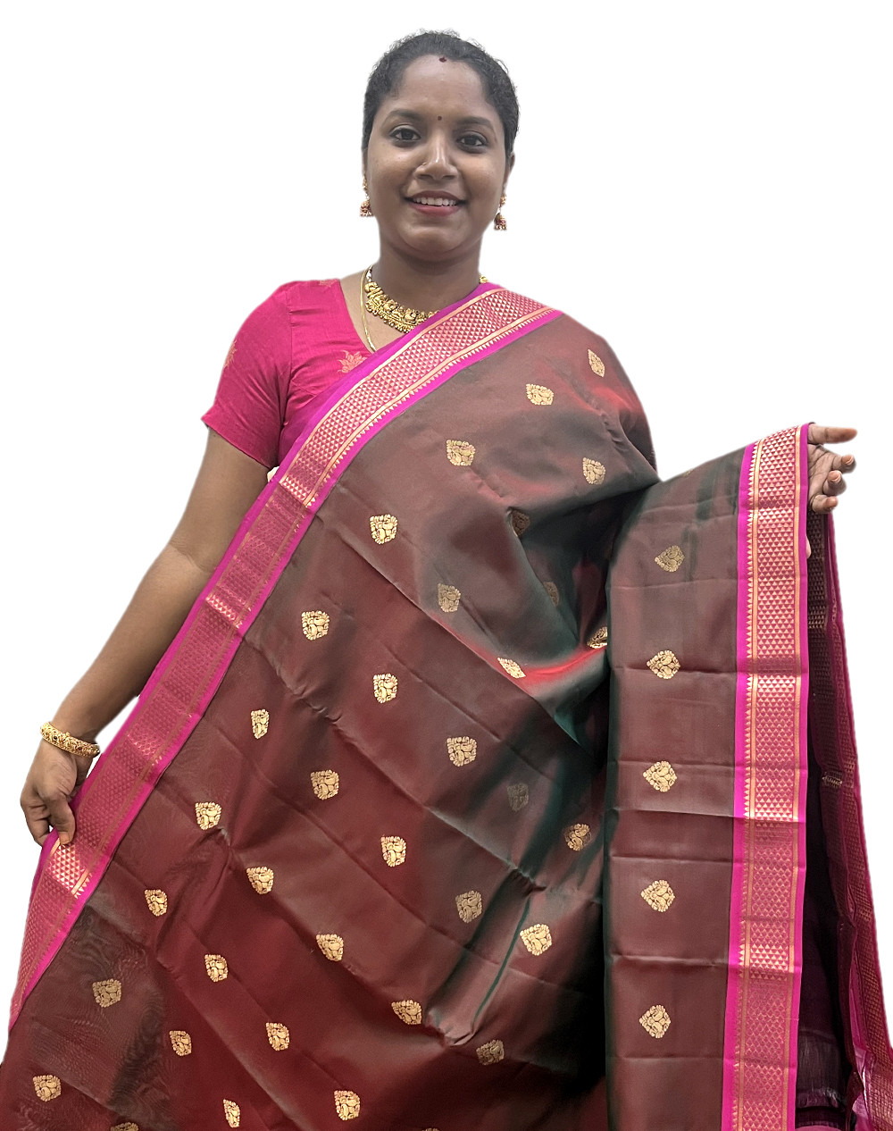 Kanchipuram Silk Buttas Dual Shaded Brown And Pink(KSB13)