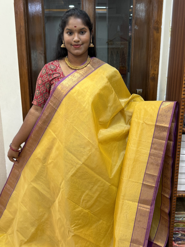 Silk Cotton Big Border Plain Golden Yellow And Purple(SCBBP81)