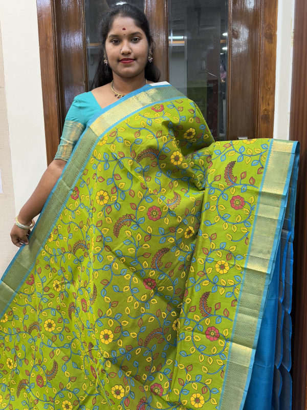 Silk Cotton Kalamkari Print Olive Green And CS Blue(SCPKS16)