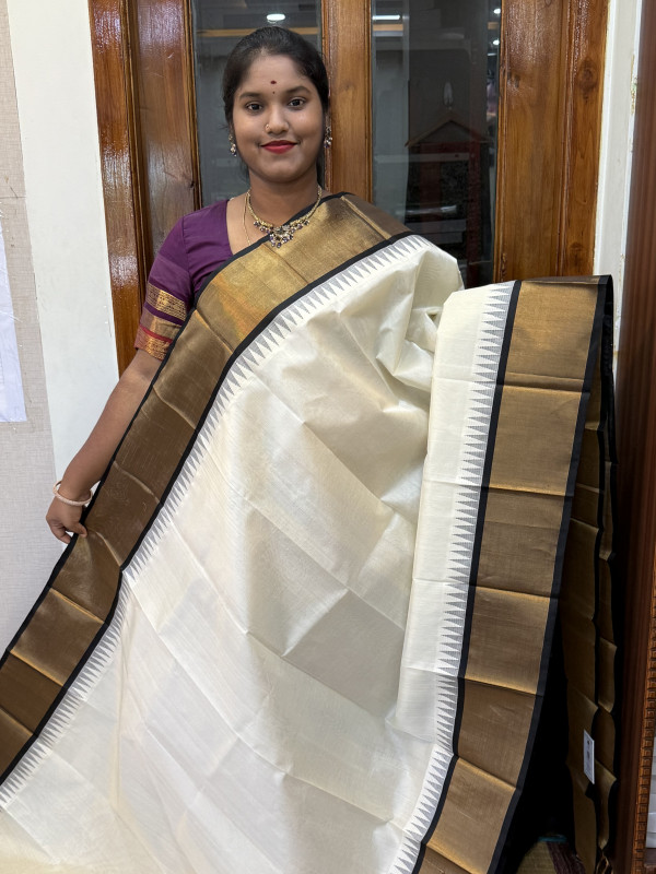 Silk Cotton Kuppadam Plain Half White And Black(SCKTTP05)