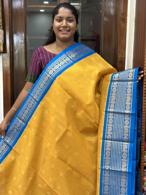 Silk Cotton Kuppadam Body Buttas L&S Border Mango Yellow And CS Blue(SCKBBLS1)