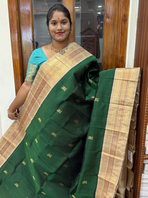 Silk Cotton Korvai Buttas Triple Tone Border Traditional Green and Beige (SCKTTB30)