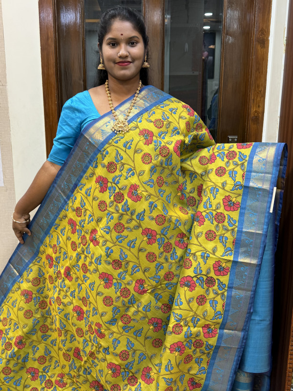 Silk Cotton Kuppadam Kalamkari Print Dual Shaded Green And Ananda Blue(SCKKP116)