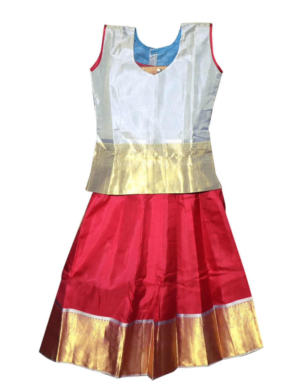 5"Yr"_Kids Pavadai Set Kanchipuram Silk Silver Grey And Red(KS5KP6)