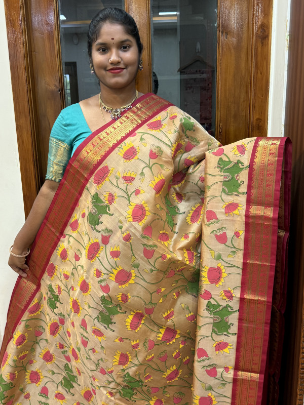 Silk Cotton Korvai Kalamkari Print Beige And Maroon (SCKKP150)