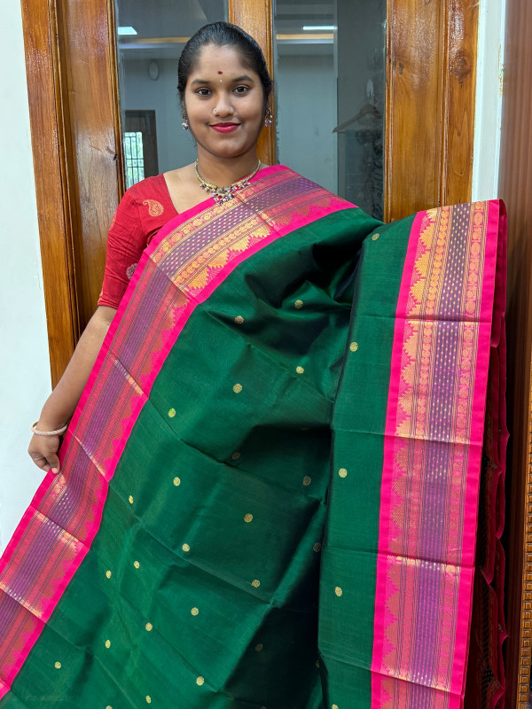 Silk Cotton Korvai Buttas Special Border Dark Green and Pink (SCKBSB10)