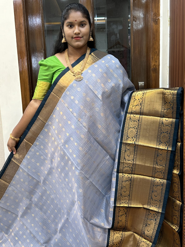 Silk Cotton Kuppadam Checked Buttas Grey And Peacock Green(SCKVB47)