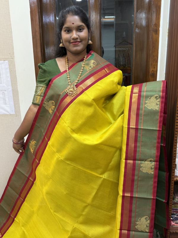 Silk Cotton Korvai Border Buttas Lime Yellow And Maroon(SCBKBB22)