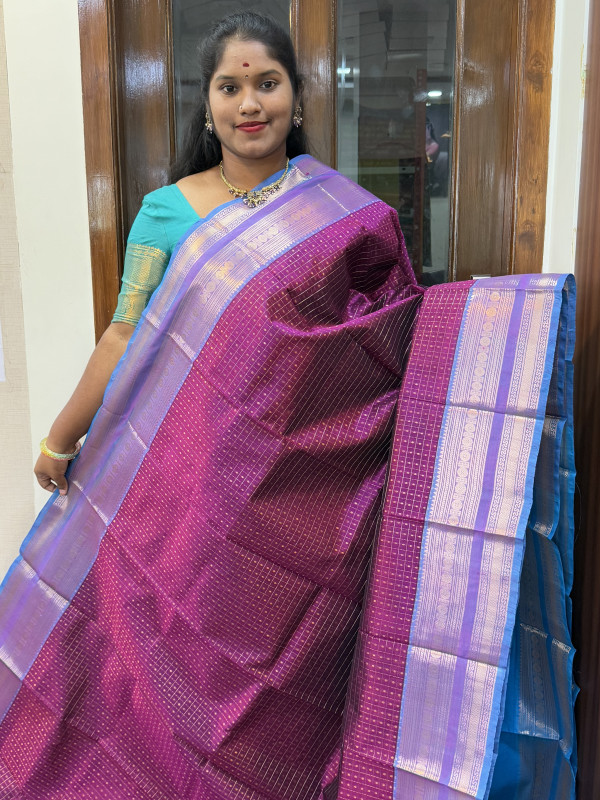 Silk Cotton Checked Lakshadeepam Purple And Ananda Blue(SCCLD5)