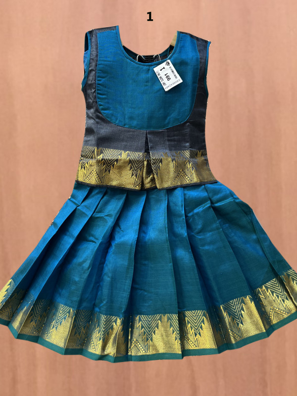 1 "Yr"_Kids Pavadai Set Silk Cotton Grey And Peacock Blue(SC1KP1)