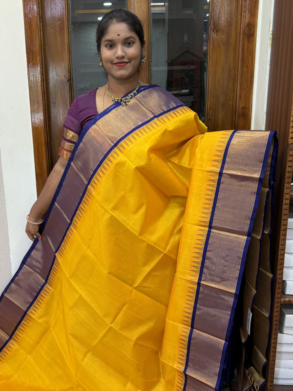 Silk Cotton Kuppadam Plain Mango Yellow And Navy Blue(SCKTTP09)