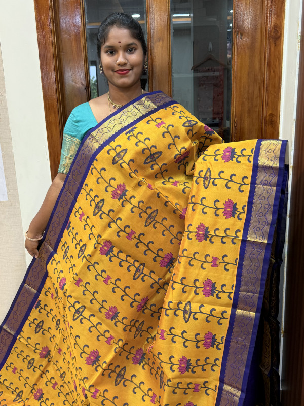 Silk Cotton Korvai Kalamkari Print Mustard And Blue (SCKKP144)