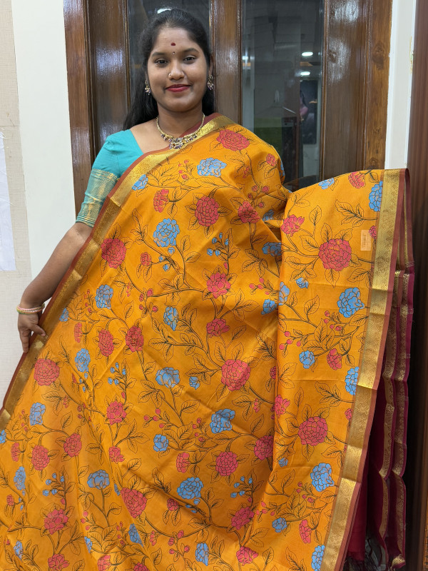 Silk Cotton Kalamkari Print Mustard Yellow And Maroon(SCPKS1)
