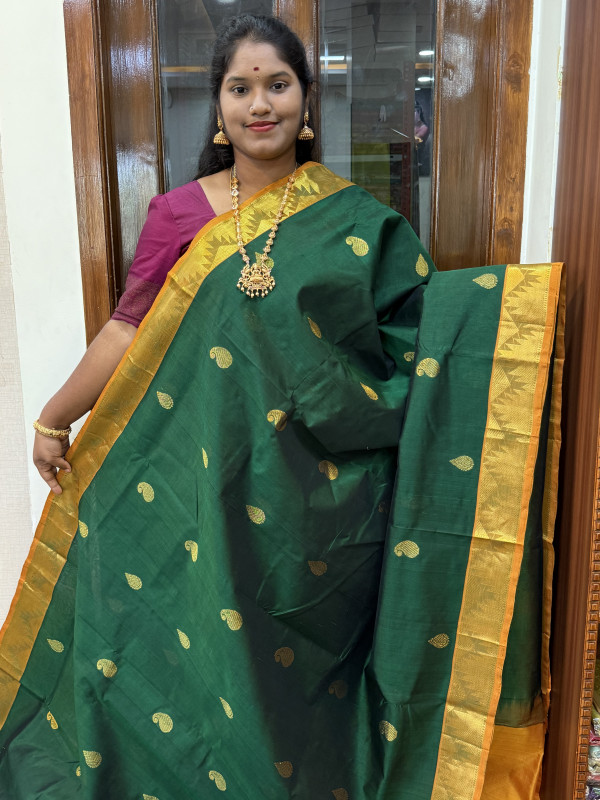 Silk Cotton Medium Body Buttas Bottle Green And Mustard Yellow(SCMBB50)