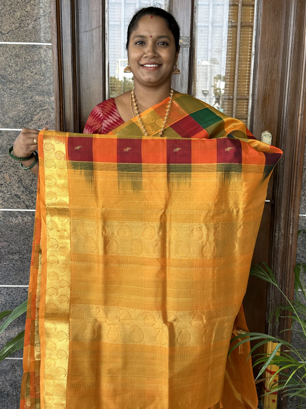 Silk cotton saree wine shade and lime yellow with paalum pazhamum chec –  Prashanti Sarees