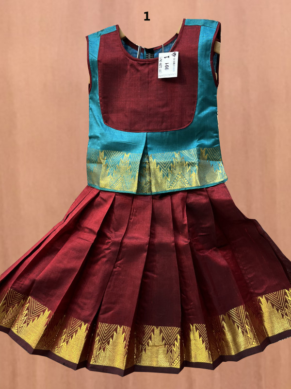 1 "Yr"_Kids Pavadai Set Silk Cotton CS Blue And Maroon(SC1KP5)
