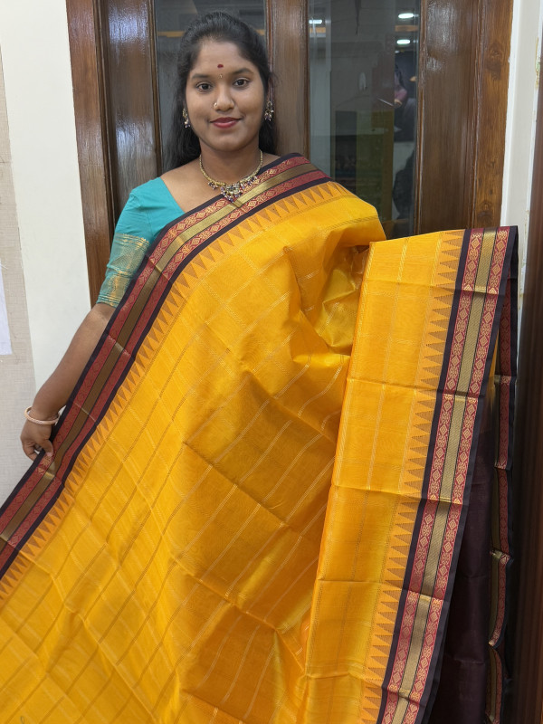 Silk Cotton Korvai Checked Mustard Yellow And Coffee Brown(SCKCBS73)