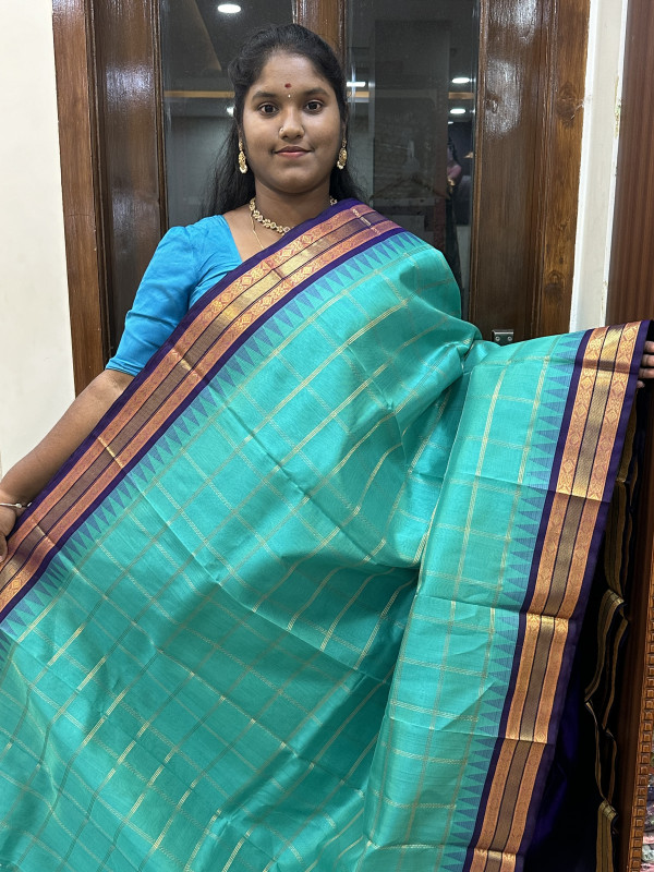 SIlk Cotton Korvai Checked Dual Shaded Teal And Kathiri Poo(SCKCBS35)