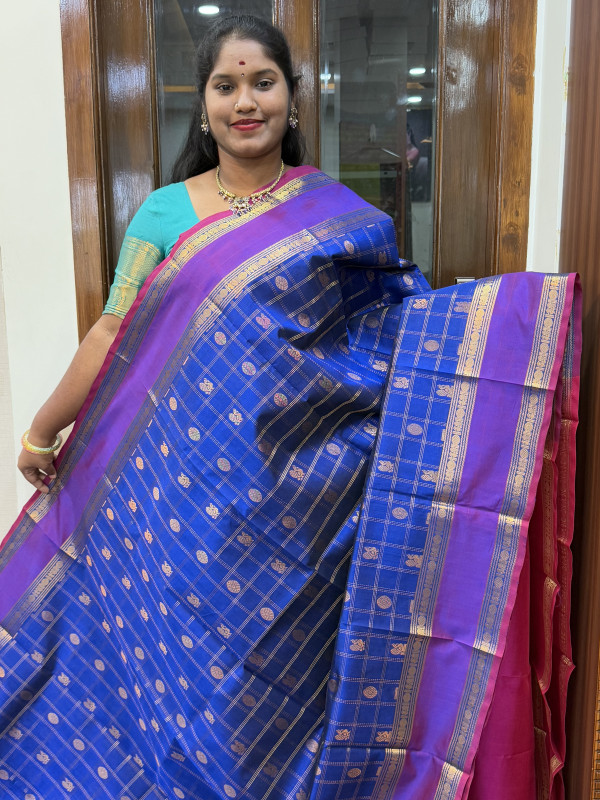 Silk Cotton Checked Buttas Royal Blue And Pink(SCRBPV108)