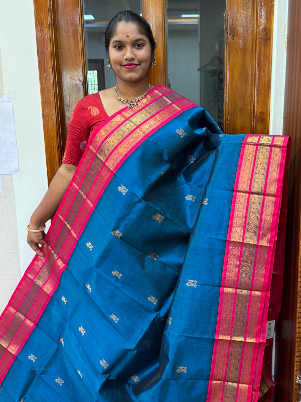 Silk Cotton Korvai Buttas Triple Tone Border Peacock Blue and Pink(SCKTTB02)