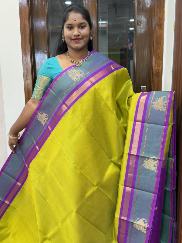 Silk Cotton Korvai Border Buttas Lime Yellow And Purple(SCBKBB49)