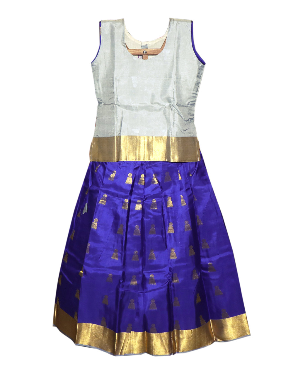 12"Yr"_Kids Pavadai Set Kanchipuram Silk Grey And Blue(KS12KP5)