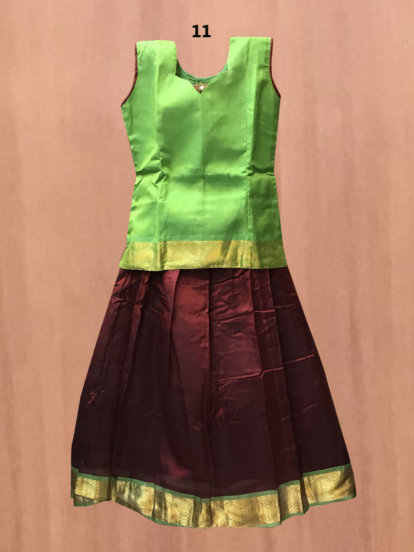 11"Yr"_Kids Pavadai Set Silk Cotton Kili Pachai And Maroon(SC11KP1)