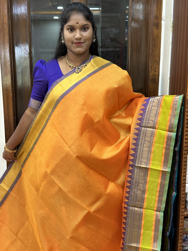 Silk Cotton Plain Rich Border Yellow And Violet(SCPRB13)