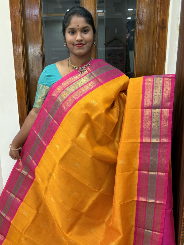 Silk Cotton Korvai Buttas Triple Tone Border Mango Yellow and Pink(SCKTTB35)