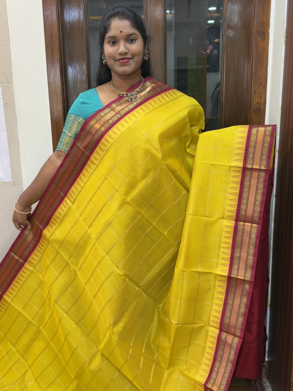 Silk Cotton Korvai Checked Lime Yellow And Maroon(SCKCBS80)