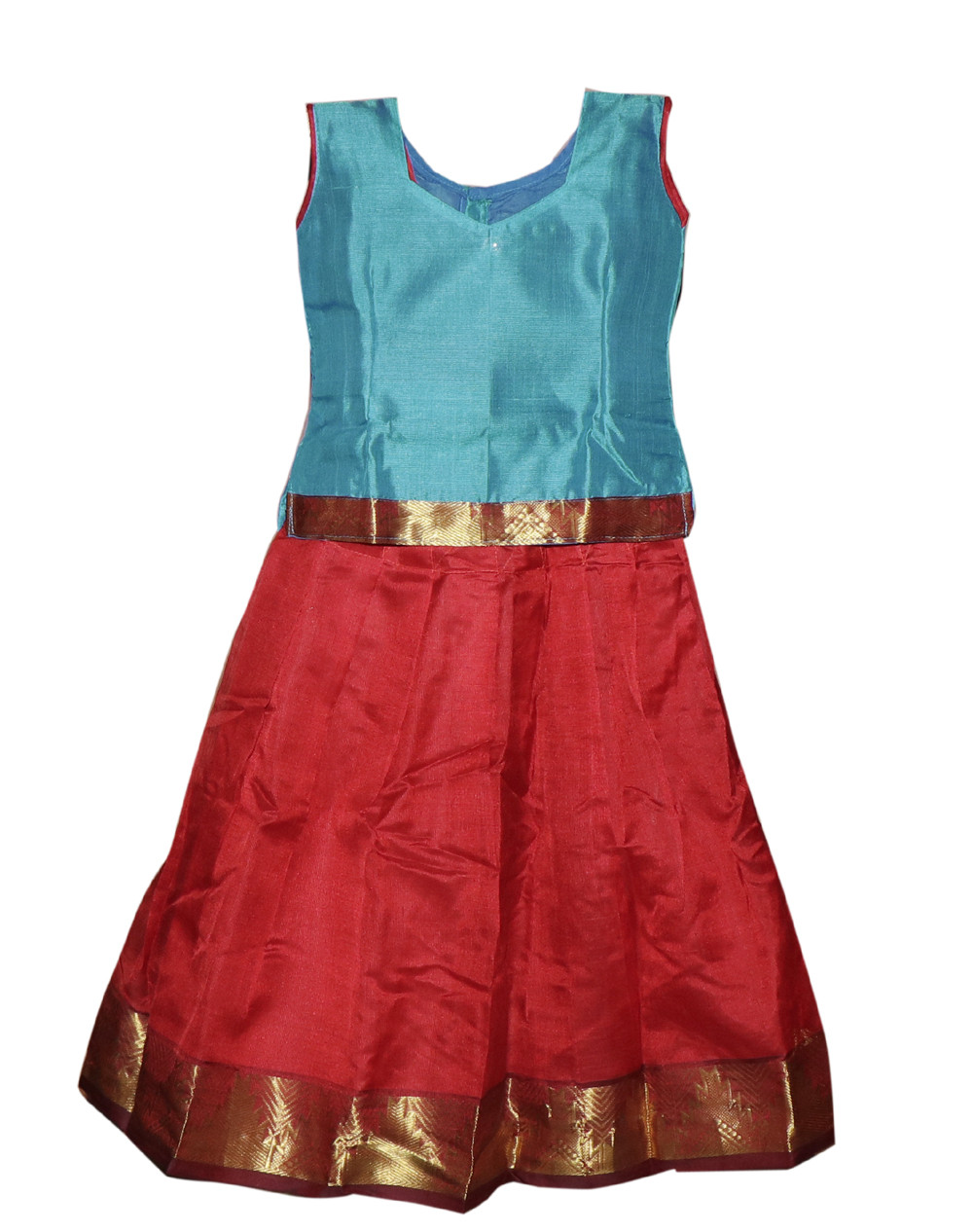 5"Yr"_Kids Pavadai Set Silk Cotton Sky Blue And Red(SC5KP2)
